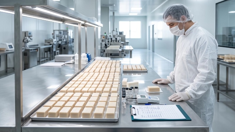 香皂代工解决方案:中小品牌降本增效的关键路径(图1) factory-worker-inspecting-soap-bars-in-a-cleanroom.jpg