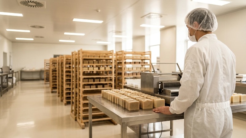 OEM/ODM香皂代工厂选择指南:资质、产能、打样全解析(图2) worker-in-white-cleanroom-coverall-among-soap-racks-2.webp